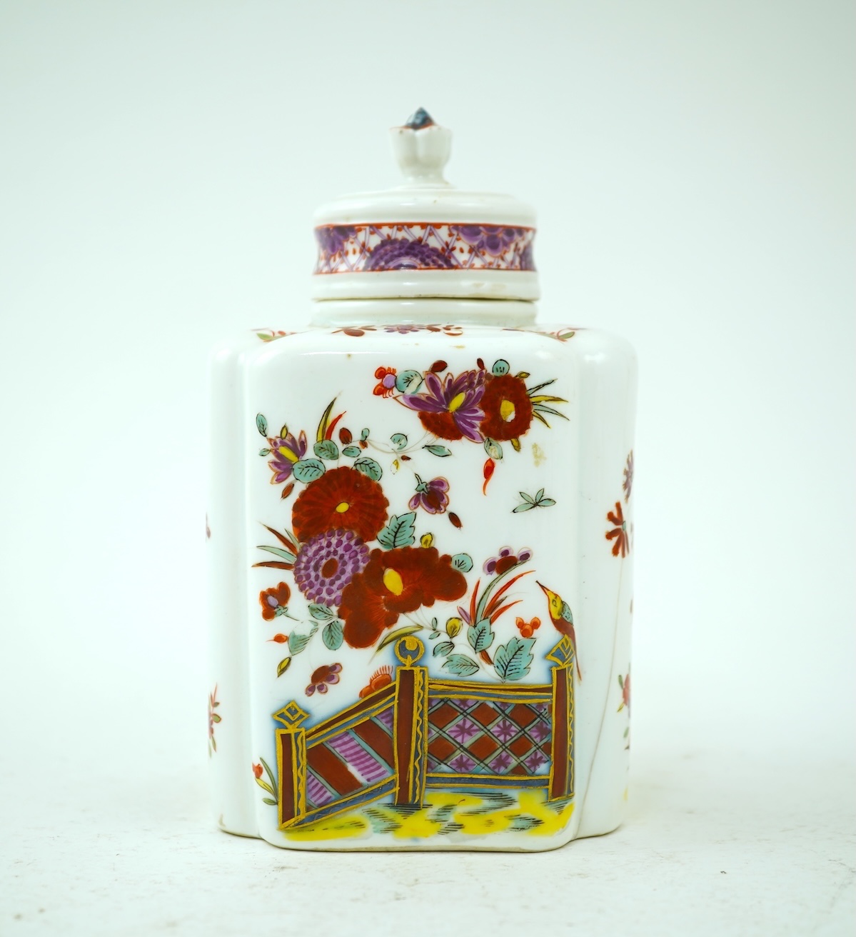 A Meissen polychrome tea caddy and cover, c.1760